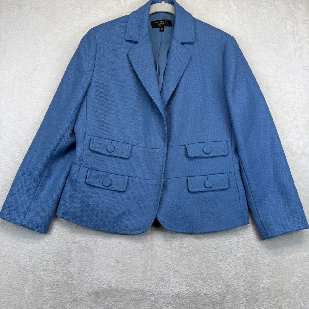 Talbots Women's Wool Blazer Petite 10P Blue Tailored Multi Pocket Jacket